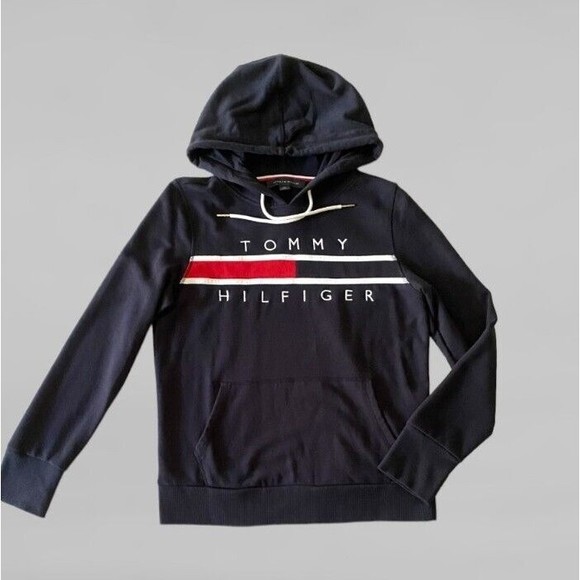 Tommy Hilfiger Hoodie Women's Size Small Long Sleeve Navy Blue Logo Spellout - Picture 1 of 7
